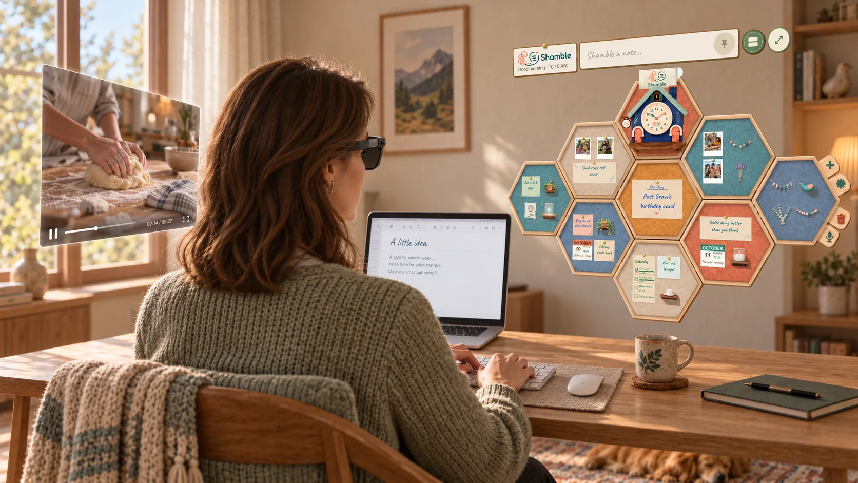 A woman at her kitchen-table desk wearing XR glasses, typing on her laptop. Beside her, a baking video floats by the window and the Shamble board hangs on the wall: felt hexagons with the clock cottage, the One Thing card Post Gran's birthday card, notes, photos, calendar pages and a Saturday checklist.