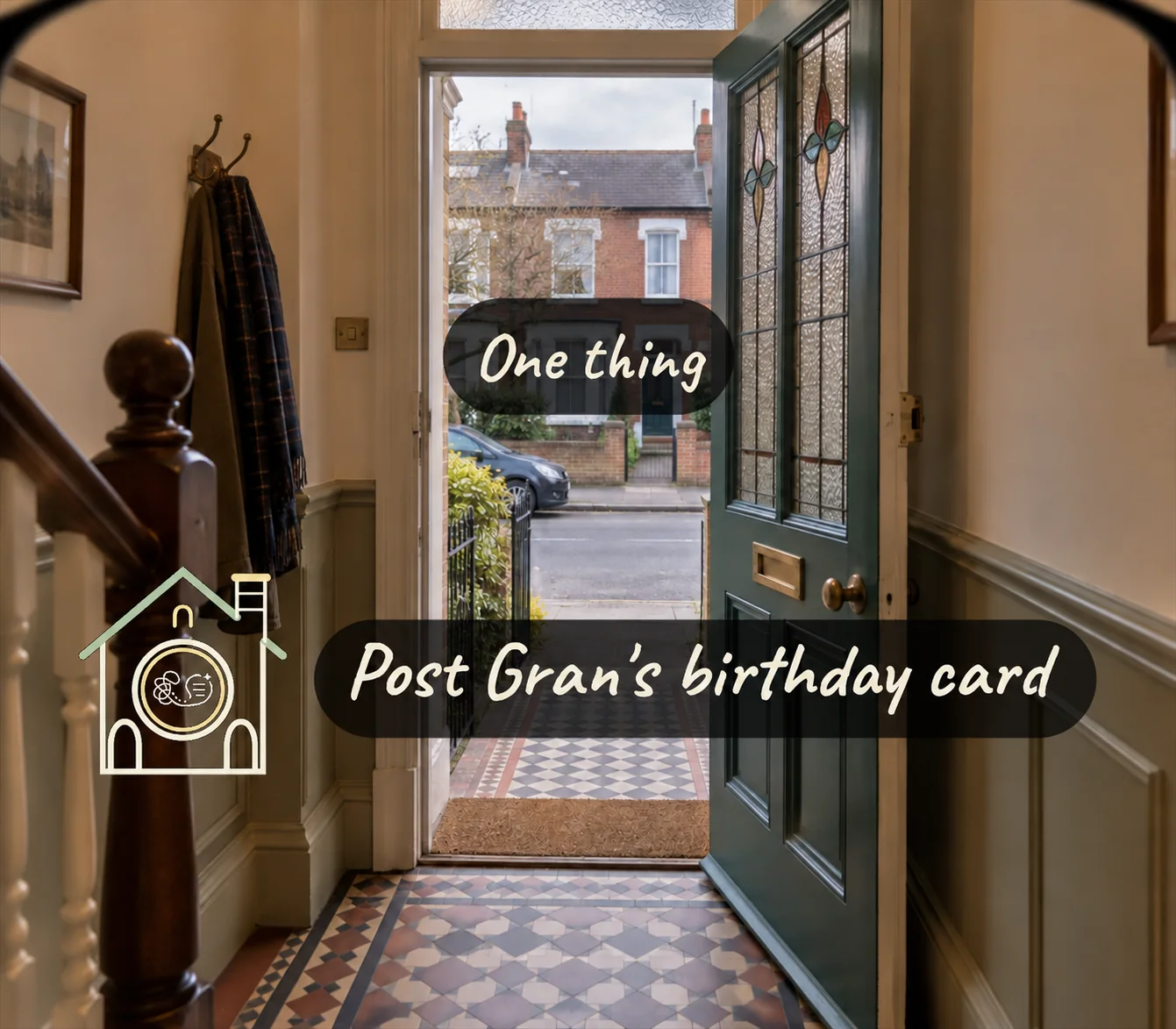 A view through display glasses into a hallway, the front door open to the street. Floating in light lines: the outline of the clock cottage, a One thing chip, and the words Post Gran's birthday card.
