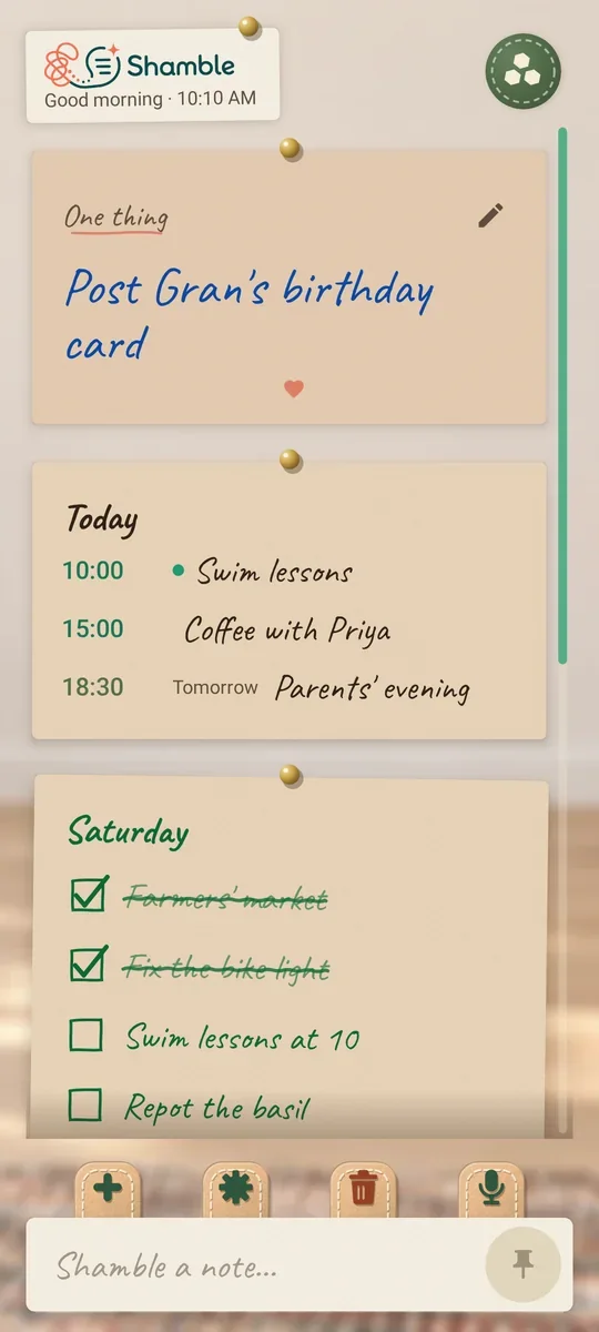 Shamble on a phone in cards view: the One Thing card, Post Gran's birthday card, then today's times and a Saturday list